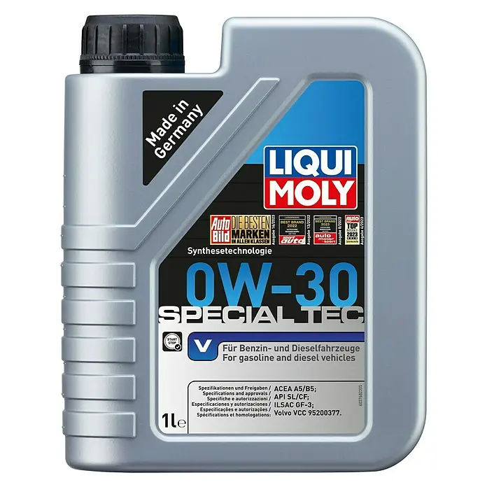 Liqui Moly Motoröl Special Tec V 0W-30 - 0W-30, A5/B5 - Bild einer 1-Liter-Flasche LIQUI MOLY 0W-30 Special Tec Motoröl, geeignet für Benzin- und Dieselfahrzeuge, hergestellt in Deutschland.