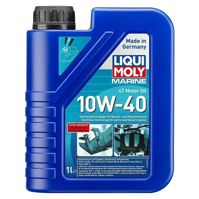 Liqui Moly Marine Motoröl 4T 10W-40 - Synthesetechnologie, 1 l - Liqui Moly Marine 10W-40 4T Motoröl: Synthese-Technologie für Benzin- und Dieselmotoren, geeignet für Turbomotoren.