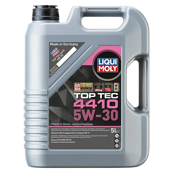 Liqui Moly Leichtlaufmotorenöl Top Tec 4410 - 5W-30, 5 l - Abbildung eines 5-Liter-Kanisters Liqui Moly Top Tec 4410 5W-30 Motoröl, hergestellt in Deutschland, ideal für Benzin- und Dieselfahrzeuge.
