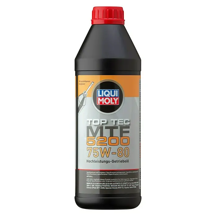 Liqui Moly Getriebeöl Top Tec MFT 5200 - 75W-80 - Abbildung einer Flasche Liqui Moly Top Tec MTF 5200 75W-80 Hochleistungs-Getriebeöl, ideal für Fahrzeuggetriebe.