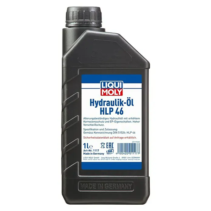 Liqui Moly Hydrauliköl HLP 46 - 1.000 ml - Abbildung einer 1-Liter-Flasche LIQUI MOLY Hydrauliköl HLP 46, Made in Germany, ideal für den Einsatz in hydraulischen Systemen.