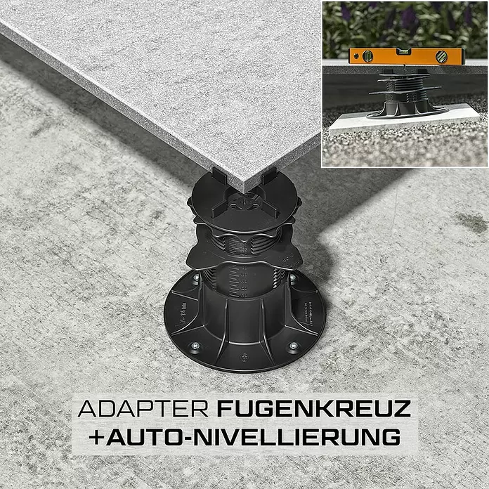 Langfit Stelzlager-Adapter Fugenkreuz mit Auto-Nivellierung - 10 Stk., Kunststoff - Schwarzer verstellbarer Stelzlager mit Fugenkreuz stützt graue Terrassenplatte, zeigt Auto-Nivellierung.
