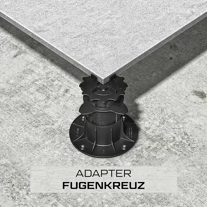 Langfit Stelzlager-Adapter Fugenkreuz - 10 Stk., Passend für: LANGFIT® Stelzlager, Kunststoff - Schwarzer, verstellbarer Stelzlager mit Fugenkreuz-Adapter, der eine graue Fliese trägt.