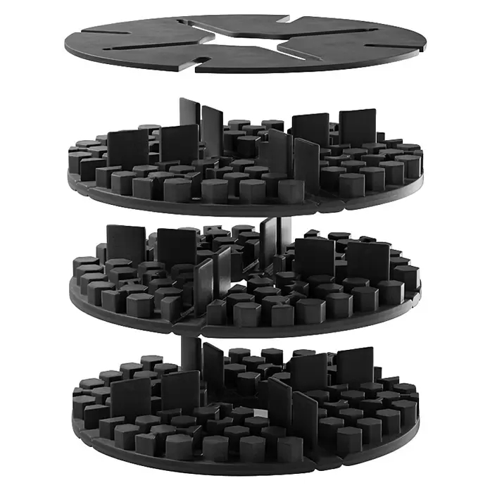 Langfit Plattenlager - 10 Stk., Kunststoff, Fugenbreite 3 mm - Schwarzes modulares Kunststoff-Trockengestell mit hexagonalen Stiften, rechteckigen Trennern und einer geschlitzten oberen Scheibe.