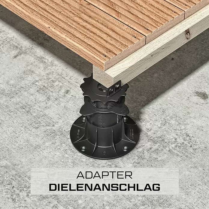 Langfit Stelzlager-Adapter Dielenanschlag - 10 Stk., Kunststoff - Schwarzer Kunststoff-Adapterfuß trägt Holzunterkonstruktion auf Betonboden.
