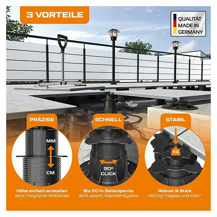 Langfit Stelzlager XL - 5 Stk., Höhenverstellung: 75 mm - 195 mm - Schwarze verstellbare Terrassenlager aus Kunststoff, zeigen präzise Höhenjustierung, schnelle Bajonett-Montage und robuste 450kg Traglast.