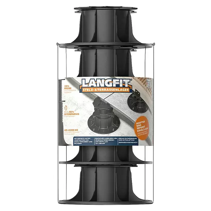 Langfit Stelzlager XL - 5 Stk., Höhenverstellung: 75 mm - 195 mm - Schwarze, verstellbare Terrassenlager gestapelt mit Produktverpackung.