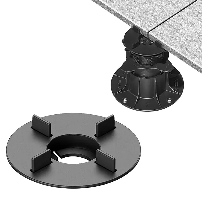 Langfit Stelzlager-Adapter Fugenkreuz mit Auto-Nivellierung - 10 Stk., Kunststoff - Dargestellt sind Terrassenlager, höhenverstellbare Elemente zur Unterstützung von Terrassenplatten. Die Lager sind aus schwarzem Kunststoff gefertigt.