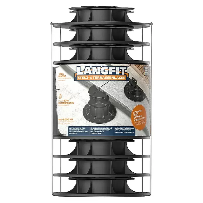 Langfit Stelzlager L - 10 Stk., Höhenverstellung: 35 mm - 75 mm - Stapel schwarzer, verstellbarer Stelzlager für Terrassen oder Balkone.