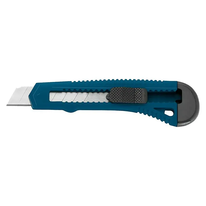 Cuchillo cúter Mediano - Longitud de corte: 18 mm - Esta imagen muestra un cúter azul con una cuchilla plateada, diseñado para cortes precisos en diversos materiales de manualidades.