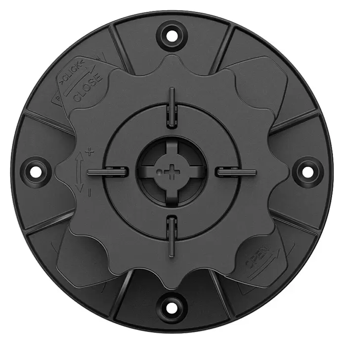 Langfit Stelzlager-Adapter Fugenkreuz - 10 Stk., Passend für: LANGFIT® Stelzlager, Kunststoff - Runde, dunkelgraue Kunststoff-Justierbasis mit zentralem Zahnradmechanismus zur Höhenverstellung, markiert 'OPEN'/'CLOSE'.