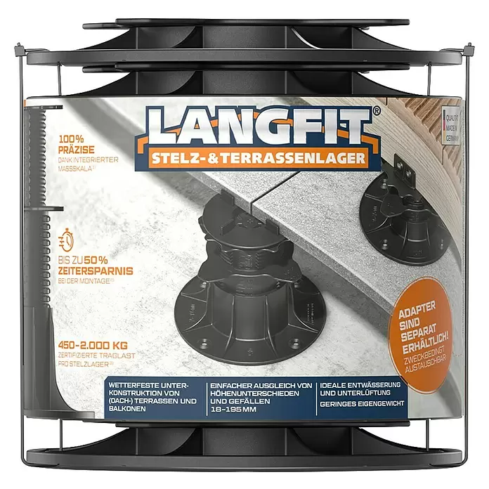 Langfit Stelzlager M - 10 Stk., Höhenverstellung: 18 mm - 36 mm - Schwarzes, verstellbares Terrassenlager in transparenter Verpackung mit deutschen Produktinformationen zu Präzision und Belastbarkeit.