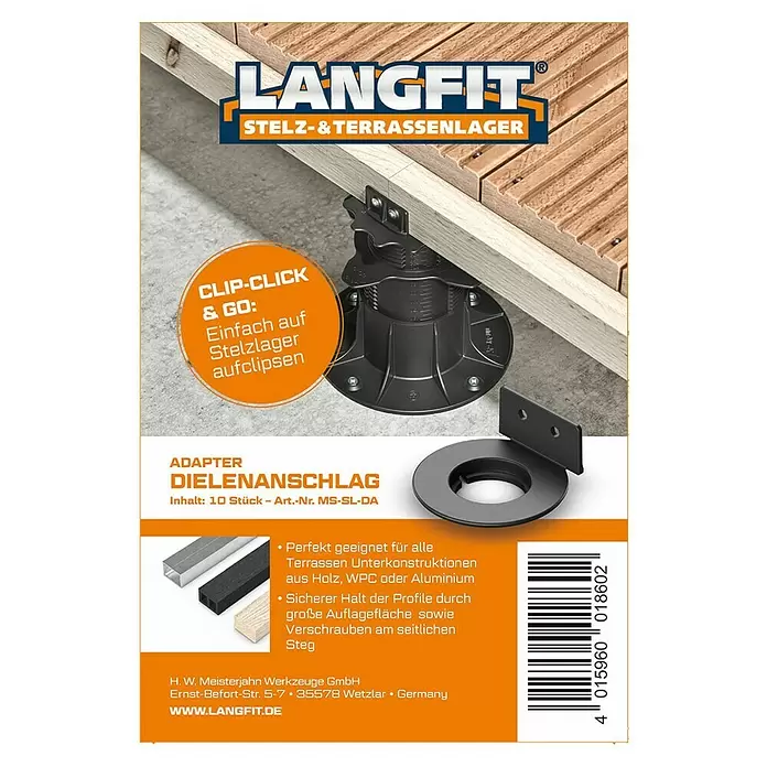 Langfit Stelzlager-Adapter Dielenanschlag - 10 Stk., Kunststoff - Schwarzes verstellbares Kunststoff-Terrassenlager mit Dielenanschlag-Adapter, eine Holzunterkonstruktion stützend.