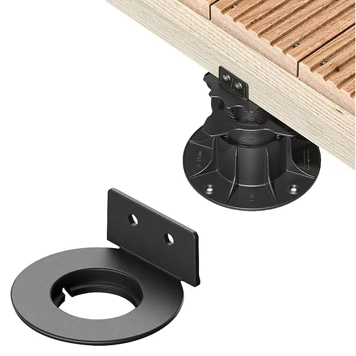 Langfit Stelzlager-Adapter Dielenanschlag - 10 Stk., Kunststoff - Schwarzer verstellbarer Terrassenlager mit Holzunterkonstruktion, inklusive separatem runden Basiszubehör.