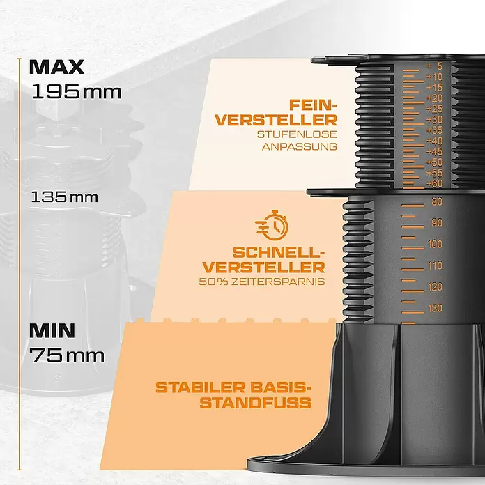 Langfit Stelzlager XL - 5 Stk., Höhenverstellung: 75 mm - 195 mm - Schwarzer, verstellbarer Kunststoff-Stelzlager für den Außenbereich, mit Fein- und Schnellverstellung und stabilem Fuß.