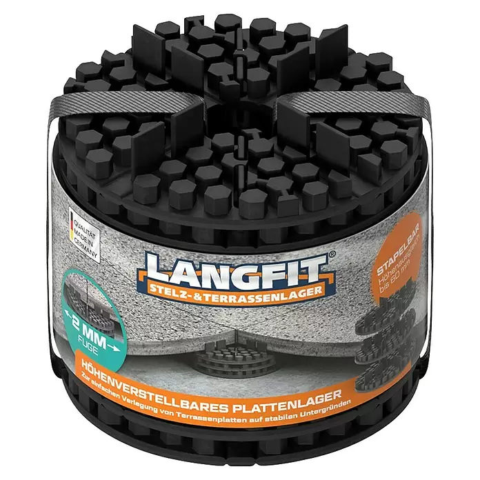 Langfit Plattenlager - 10 Stk., Kunststoff, Fugenbreite 2 mm - Schwarzes, höhenverstellbares Terrassenlager mit sechseckiger Oberfläche zur stabilen Plattenverlegung, stapelbar bis 60 mm Höhe.