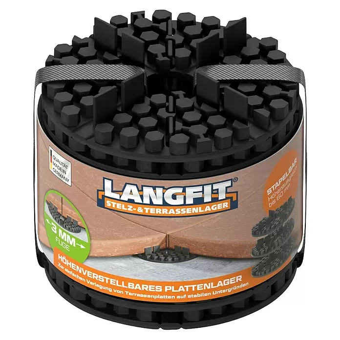 Langfit Plattenlager - 10 Stk., Kunststoff, Fugenbreite 3 mm - Schwarzes, rundes, höhenverstellbares Terrassenplattenlager mit 3mm Fuge, stapelbar bis 60mm.