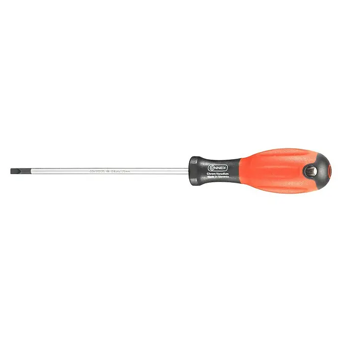 Connex Destornillador para electricista COX310125 - SL 4 mm, Longitud de la hoja: 125 mm - Un destornillador de ranura Connex con mango rojo. La herramienta está fabricada con acero cromo vanadio y fabricada en Eslovenia.