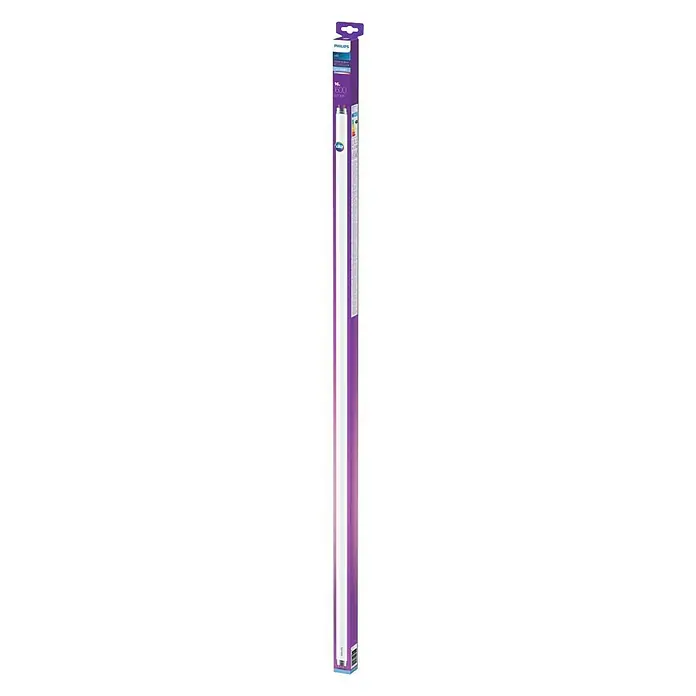 Philips LED Leuchtstoffröhre T8 - Länge: 121,2 cm, Kaltweiß, 16 W, 1.600 lm - Produktfoto: Eine lange, schmale Philips LED-Röhre in einer lilafarbenen Verpackung, ideal für energiesparende Beleuchtung.
