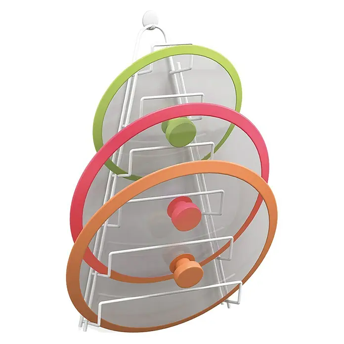 Metaltex Deckelhalter Kiwi - Geeignet für: 6 Topfdeckel, Weiß - Ein dreistöckiger Deckelhalter mit farbigen Deckeln (grün, pink und orange) an einem weißen Metallgestell.