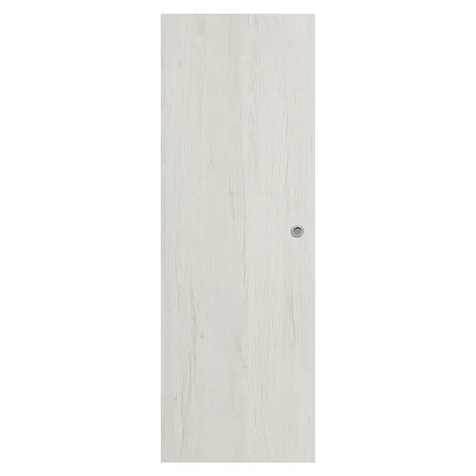 Solid Elements Puerta corredera de madera vinílica Quebec - 72,5 x 203 cm, Blanco/gris, Alveolar, Con uñero - Una puerta de madera clara cuenta con un pequeño agujero redondo, mejorando la seguridad y la privacidad en un ambiente doméstico moderno.