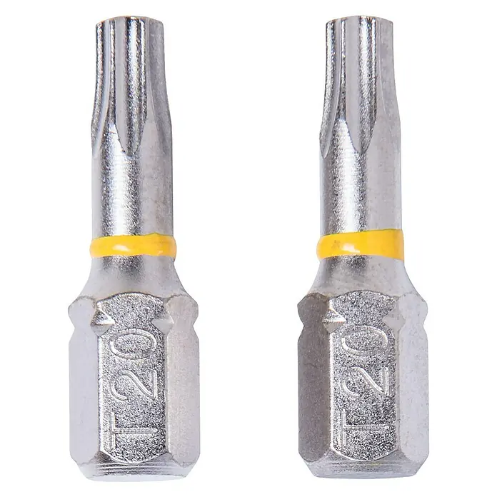 Connex Punta COXT973472 - TX 20, 25 mm - Primer plano de dos puntas Torx T20 con una banda amarilla sobre un fondo negro.