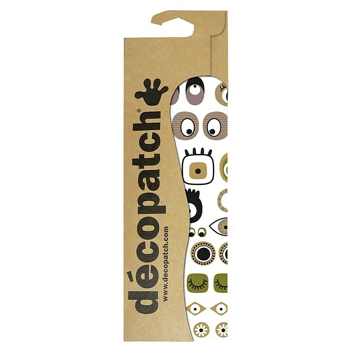 Décopatch Papel decorativo Ojos - Multicolor, 3 ud., 40 x 30 cm - Primer plano de una hoja de pegatinas Decopatch con varios diseños de ojos, ideal para proyectos creativos de manualidades y para personalizar superficies.