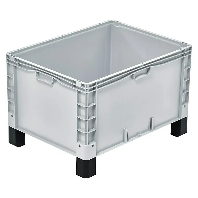 Surplus Systems Euronormboxen-Fuß - Passend für: Surplus Systems Euronormboxen, Stecken, 4 Stk. - Abbildung einer grauen Kunststoffbox auf schwarzen Füßen, ideal für Lagerung und Transport. Vielseitig und robust.