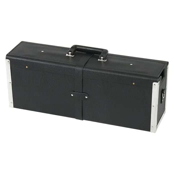 Hepco & Becker Werkzeugtasche Favorit 7125 - Innenmaß: B x T x H: 610 x 160 x 220 mm, Leder - Ein schwarzer, länglicher Koffer mit silbernen Beschlägen und einem Griff auf der Oberseite. Der Koffer ist aus Lederimitat gefertigt.