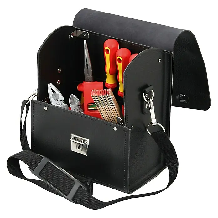 Hepco & Becker Werkzeugtasche Favorit 7118 - Innenmaß: B x T x H: 210 x 140 x 280 mm, Leder - Werkzeugkoffer aus Leder mit Werkzeugen wie Schraubendrehern, Zangen und einem Zollstock, ideal für Handwerker und Heimwerker.