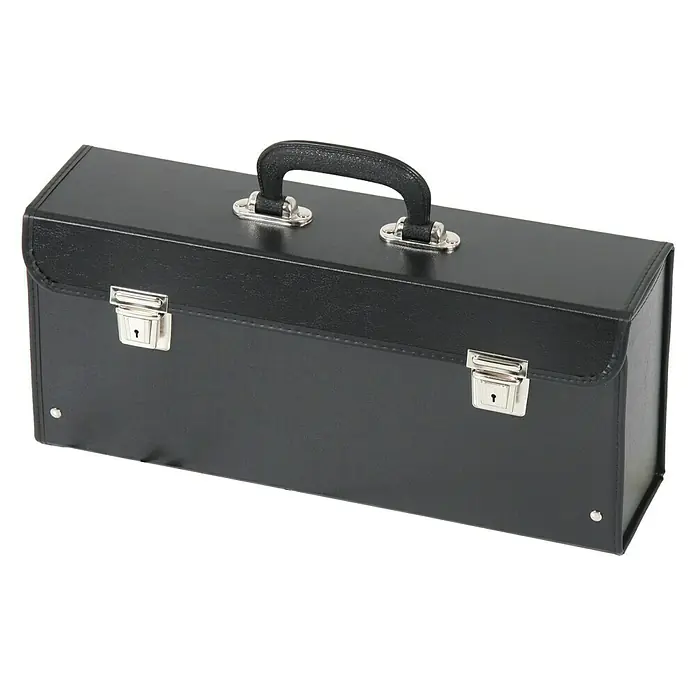 Hepco & Becker Werkzeugtasche Favorit 6001 - Hartpappe, Innenmaß: B x T x H: 420 x 95 x 180 mm - Schwarze Aktentasche aus Leder mit silberfarbenen Verschlüssen und einem stabilen Tragegriff, ideal für den Transport von Dokumenten oder Geräten.