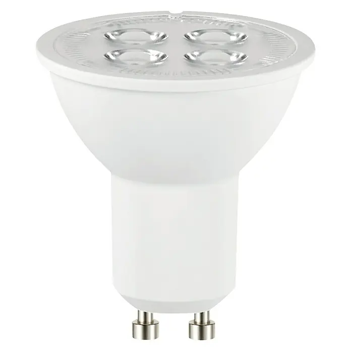 Garza Bombilla LED - GU10, No regulable, Blanco cálido, 700 lm, 3.000 K, 7 W - Primer plano de una bombilla LED GU10 blanca con cuatro LEDs, aislada sobre un fondo negro.