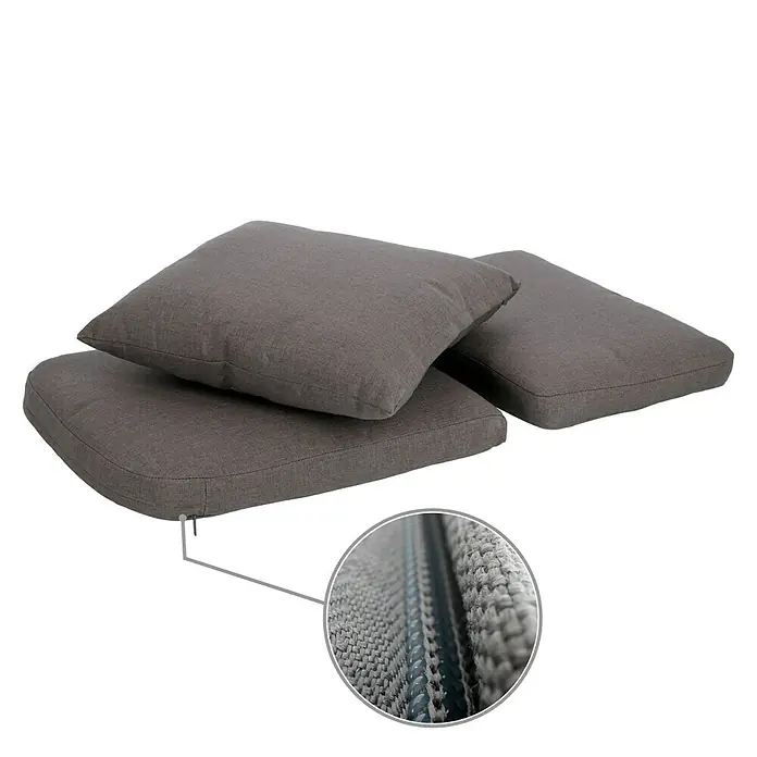 Ersatzkissen Anika - Passend für: Sunfun Anika Loungesessel - Nahaufnahme von Outdoor-Sitzkissen in Grau mit Reißverschlussdetail, ideal für Gartenmöbel und entspannte Stunden im Freien.