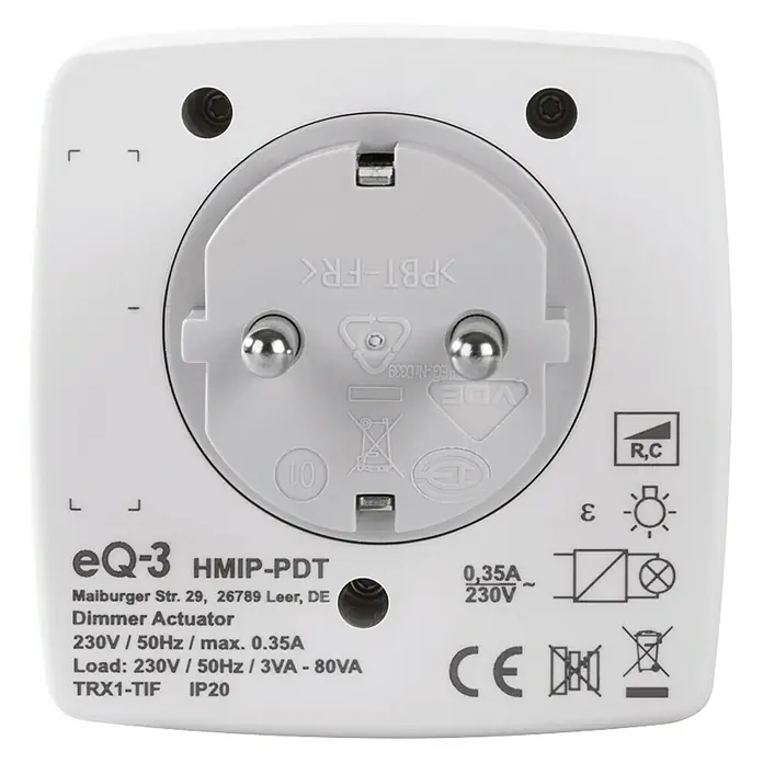 Homematic IP Funksteckdose Phasenabschnittdimmer HmIP-PDT - Weiß, 230 V - Nahaufnahme eines EQ-3 HMIP-PDT Dimmaktor-Steckers, der Details wie Spannung, Last und Zertifizierungen zeigt.