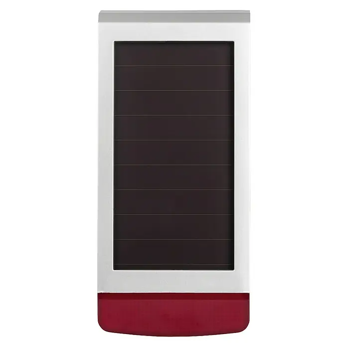 Homematic IP Alarmsirene HmIP-ASIR-O - Solarbetrieben, Alarmsignal: 100 dB, 8,7 x 11 x 23 cm - Nahaufnahme einer modernen, horizontal geriffelten Garagentorplatte mit silbernem Rahmen und roter Basis.