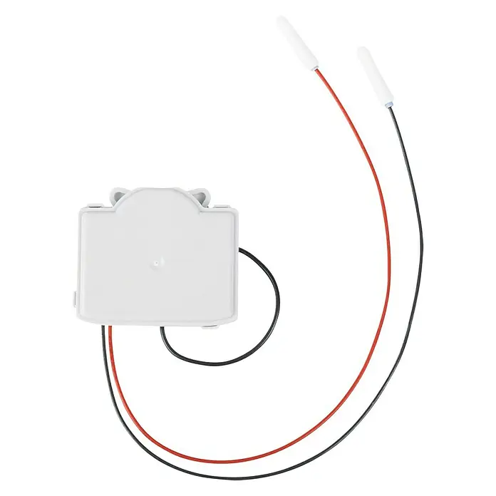 Homematic IP Adapter Kontakt-Schnittstelle HmIP-FCI1 - Batteriebetrieben, Unterputz - Nahaufnahme eines weißen elektronischen Bauteils mit Kabeln in Rot und Schwarz. Ideal für Elektronikprojekte.