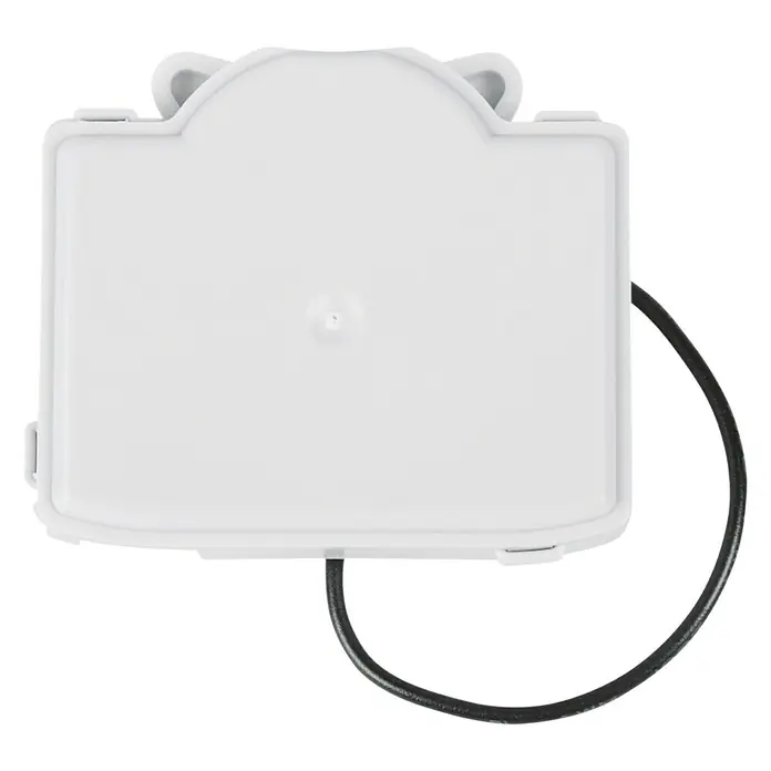 Homematic IP Adapter Kontakt-Schnittstelle HmIP-FCI1 - Batteriebetrieben, Unterputz - Ein rechteckiges, weißes Smart-Home-Gerät mit abgerundeten Kanten und einem hervorstehenden Kabeleingang, ideal zur Integration in intelligente Systeme.