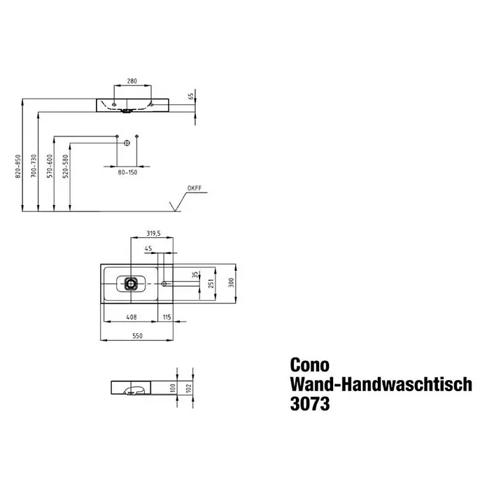 Kaldewei Waschbecken Cono - 55 x 30 cm, Mit schmutzabweisender Glasur, Hahnloch: Rechts, Ohne Überlauf, Weiß - Technische Zeichnung des Cono Wand-Handwaschtisch 3073 mit Maßangaben für Installation und Design.