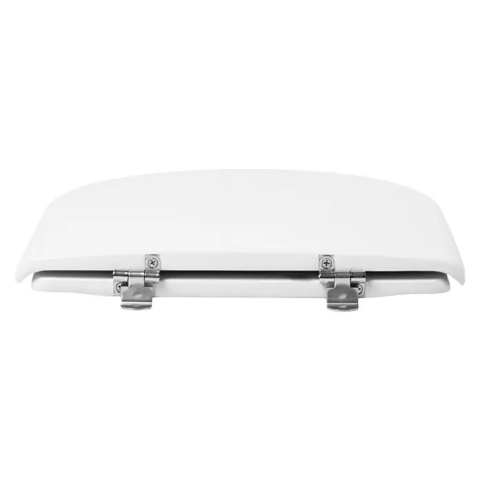 Roca Meridian-N Tapa de WC - Termoplástico, Blanco - Primer plano de un asiento de inodoro blanco con bisagras de metal brillante sobre un fondo negro.