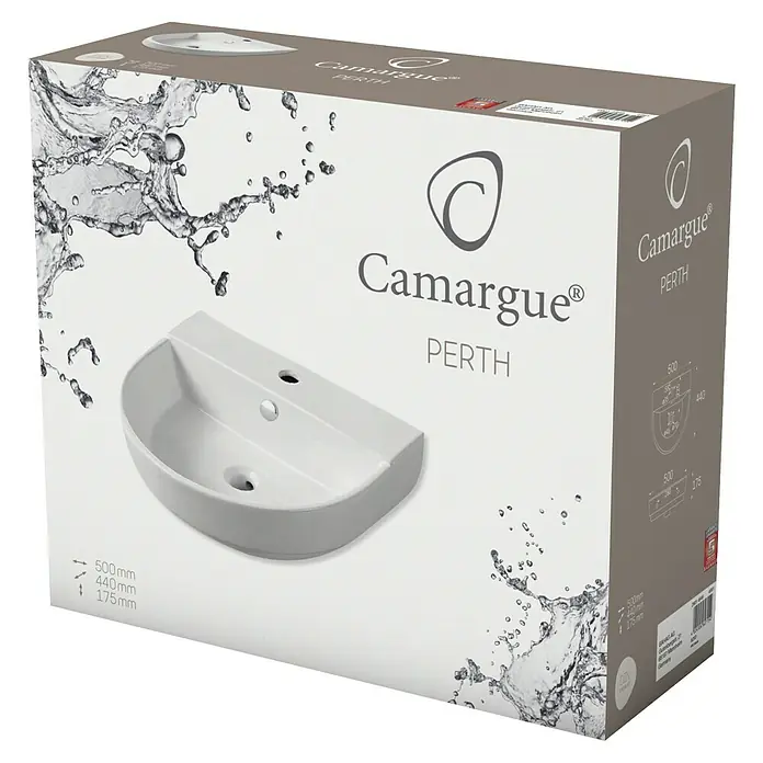 Camargue Waschbecken Perth - B x L: 50 x 44 cm, Ohne Spezialglasur, Hahnloch: Mitte, Mit Überlauf, Weiß - Nahaufnahme der Verpackung eines Camargue Perth Waschbeckens, das ein modernes und stilvolles Design für Badezimmer präsentiert.