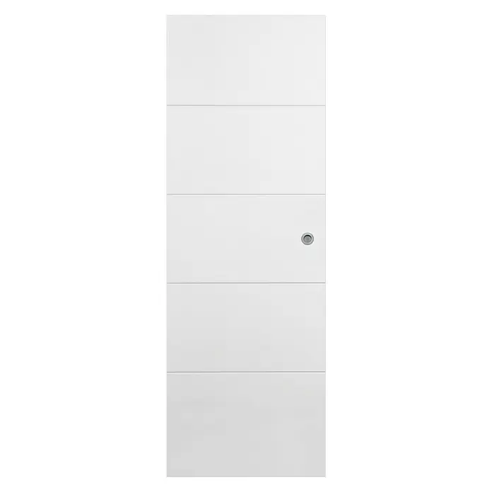Solid Elements Hoja de puerta Mannheim - 82,5 x 203 cm, Blanco, Maciza, Con uñero - Elegante puerta interior blanca y moderna con paneles horizontales y un pomo plateado, ideal para espacios habitables contemporáneos.