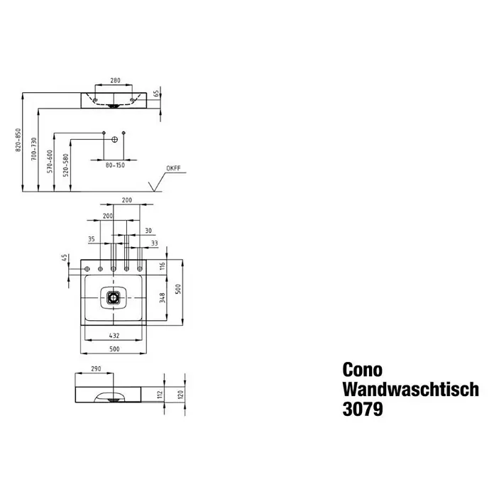 Kaldewei Waschtisch Cono - 50 x 50 cm, Mit schmutzabweisender Glasur, Hahnloch: Mitte, Ohne Überlauf, Weiß - Technische Zeichnung des Cono Wandwaschtisch 3079 mit allen Maßen für die Installation.