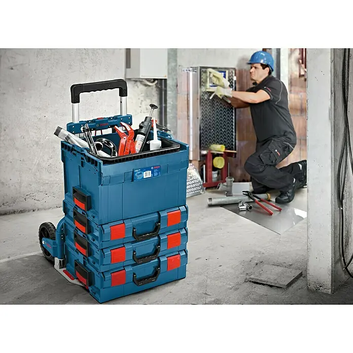 Bosch Professional Klappsackkarre Alu-Caddy - Passend für: Bosch Professional Werkzeugkoffer L-BOXX, ABS - Bosch Werkzeugkoffer-System mit Trolley, robuste Aufbewahrungslösung für Handwerker. Praktisch und mobil für jede Baustelle, mit viel Stauraum.