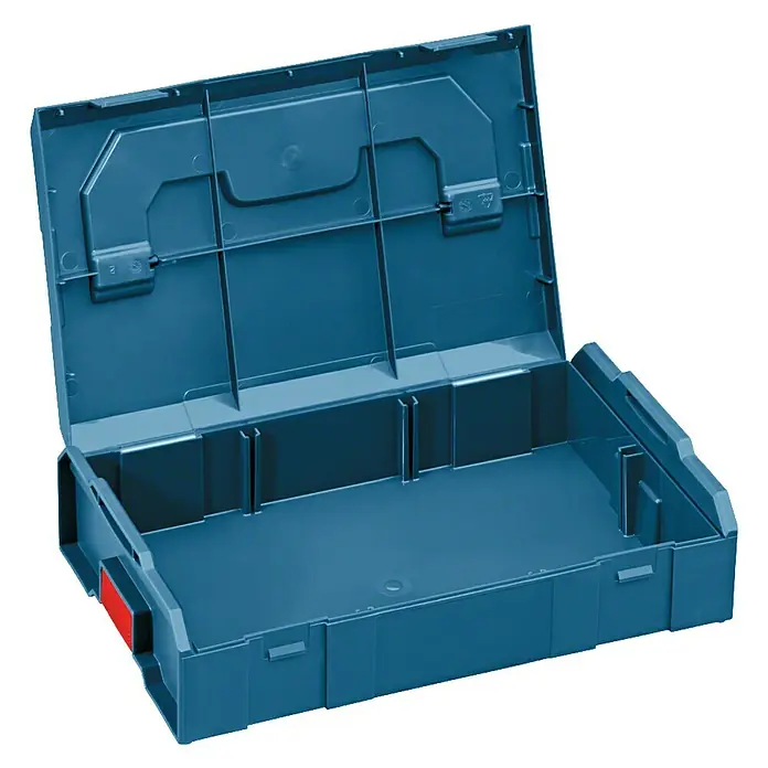 Bosch Professional Werkzeugkoffer L-Boxx Mini - L x B x H: 155 x 260 x 63 mm, Material: Polypropylen - Geöffnete, leere, blaue Werkzeugkiste mit rotem Detail. Sie ist leer und bereit für die Aufnahme von Werkzeugen oder anderen Gegenständen.