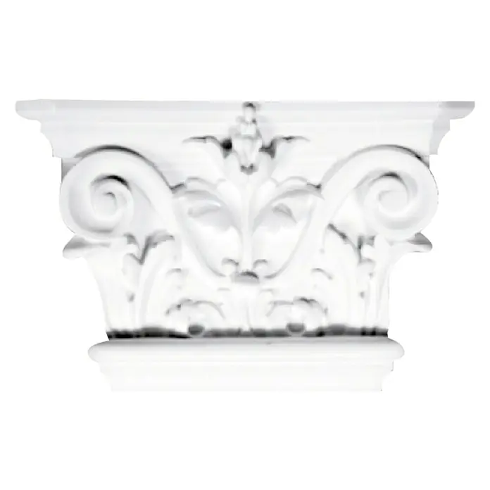 Wandelement Pilaster-Kopf HKP 15 D - 15 x 23 x 6 cm, Expandiertes Polystyrol (EPS) - Detailaufnahme einer weißen Kapitell-Dekoration mit filigranen Verzierungen und klassischem Design für den Innenbereich.