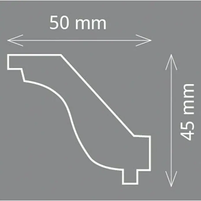 Zierprofil Modern HO - 200 x 5 x 4,5 cm, Extrudiertes Polystyrol (XPS) - Abbildung eines Zierprofils mit den Maßen 50 mm Breite und 45 mm Höhe, dargestellt in einer technischen Zeichnung auf grauem Hintergrund.