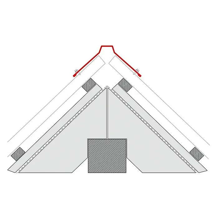 Metdach Dachfirst Gerade PP12 - Grün, Länge: 100 cm, Stahl - Dachschematische Darstellung mit roter Firstlinie, die die architektonische Gestaltung hervorhebt.