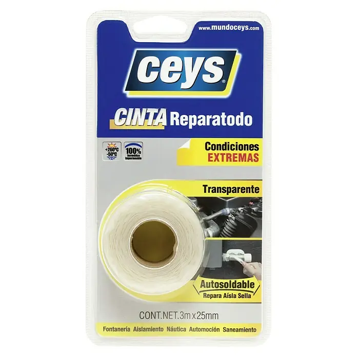 Ceys Cinta adhesiva universal Reparatodo - Transparente, 3 m x 25 mm - Cinta de reparación Ceys: Cinta aislante transparente autosoldable para condiciones extremas, 3m x 25mm. Versátil en su aplicación.