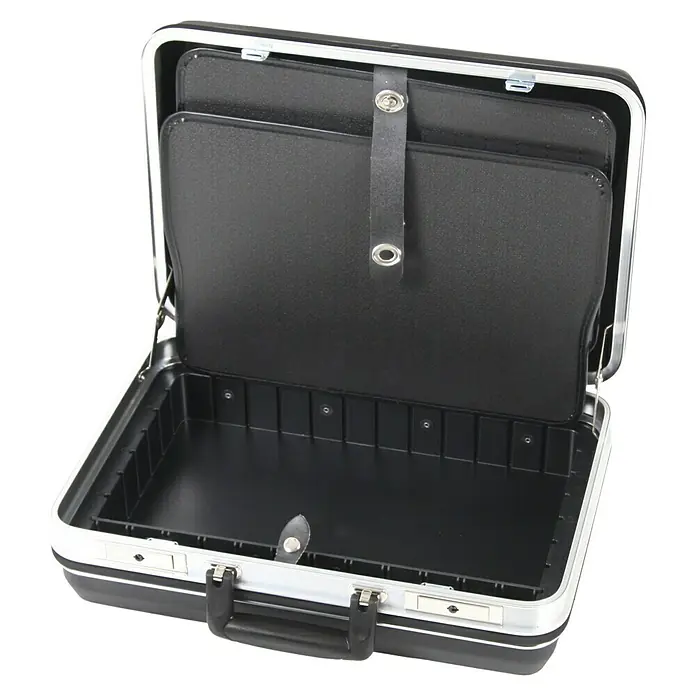 Hepco & Becker Werkzeugkoffer Budget 5031 - L x B: 370 x 490 mm, Höhe: 180 mm, ABS - Offener schwarzer Aktenkoffer mit silberfarbenen Beschlägen. Ideal für Geschäftsreisen und Organisation von Dokumenten.