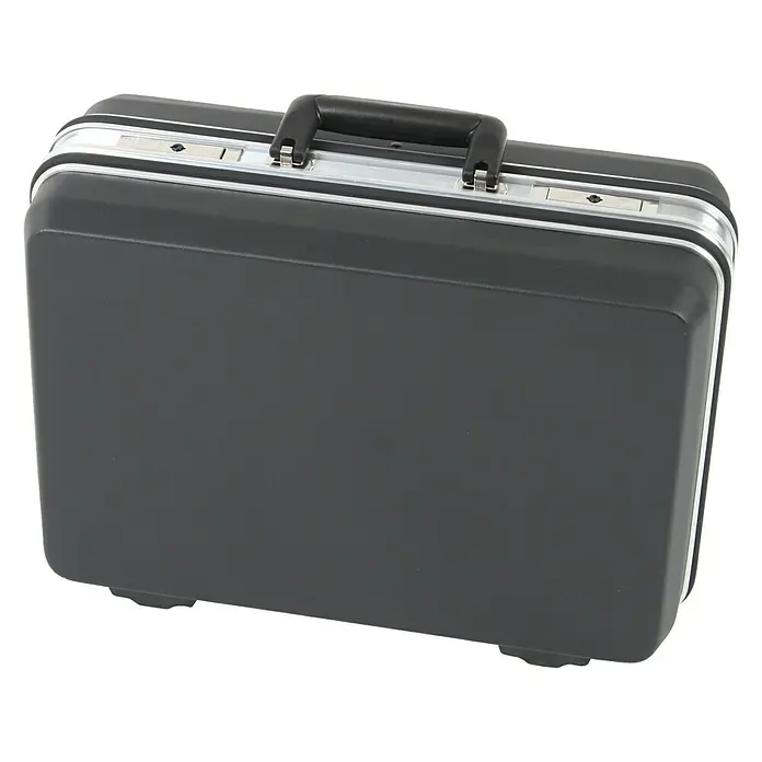 Hepco & Becker Werkzeugkoffer Budget 5043 - L x B: 360 x 490 mm, Höhe: 200 mm, Material: ABS - Eine schwarze Hartschalen-Aktentasche mit silberfarbenen Akzenten und einem schwarzen Griff, ideal für den sicheren Transport von Dokumenten.